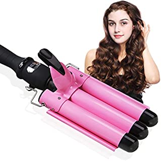 3 Barrel Curling Iron, Hair Waver Crimper Hair Iron Beach Waves 1 Inch Hair Curling Iron Ceramic Tourmaline Hair Waver with LCD Temperature Display (Pink-LCD)