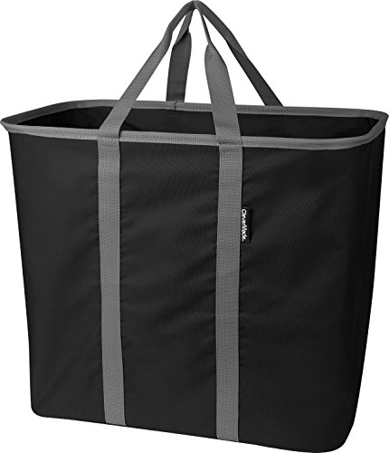 CleverMade Collapsible Laundry Tote, Large Foldable Clothes Hamper Bag, LaundryCaddy CarryAll XL Pop Up Storage Basket with Handles, Black/Charcoal