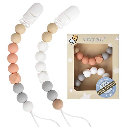 Pacifier Clip TYRY.HU Teething Silicone Beads Soothie Binky Holder Teether Clips for Boys Girls, Baby Registry Shower Gifts, 2 Pack (White, Beige)