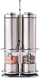 FEULIPHI Electric Salt and Pepper Grinder Set,Battery Operated Salt and Pepper Mills Pack of 2,Tall Power Shakers With Stainless Steel Stand, Adjustable Ceramic Coarseness Spice Shaker