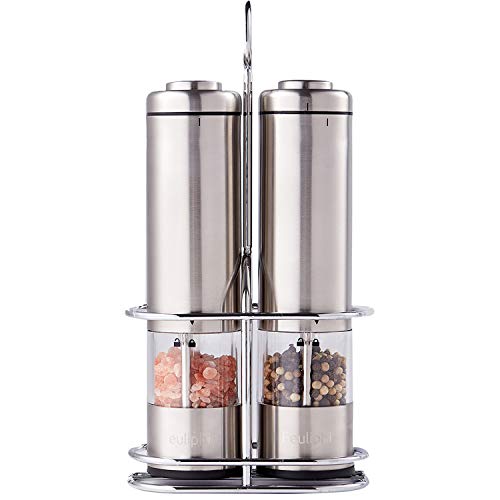 FEULIPHI Electric Salt and Pepper Grinder Set,Battery Operated Salt and Pepper Mills Pack of 2,Tall Power Shakers With Stainless Steel Stand, Adjustable Ceramic Coarseness Spice Shaker