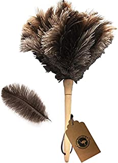 Ostrich Feather Duster,Feather Duster Fluffy Natural Genuine Ostrich Feathers with Wooden Handle and Eco-Friendly Reusable Handheld Ostrich Feather Duster Cleaning Supplies, Gray and Brown(Length 16