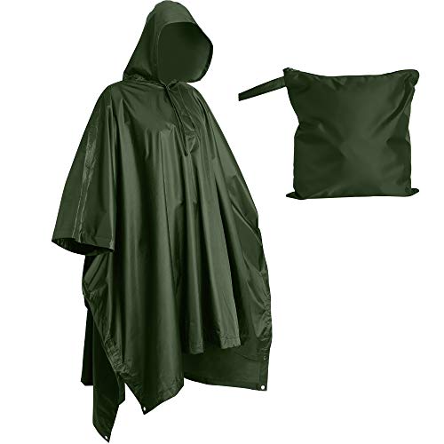 Heavy Duty Reusable Rain Poncho, Backpacking, Waterproof Lightweight Rain Ponchos for Adults, Military Poncho as Emergency Rain Poncho, Camping Poncho Men Women with Bag (Adult-Green)