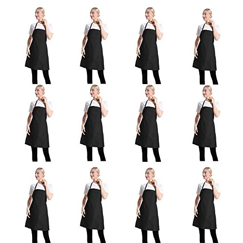 TSD STORY 12 PCS Black Plain Color Bib Aprons Bulk for Women Men Unisex Adult with 2 Front Pockets-Chef Kitchen Server Grill Restaurant Cooking Baking Painting Aprons for Party or Class(Black-24