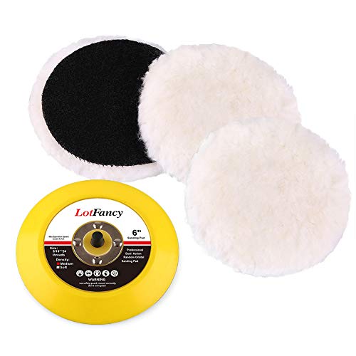 LotFancy 6-Inch Wool Polishing Pads and Backing Pad Kit - Car Auto Hook and Loop Buffing Pads, for Rotary and Random Orbit Sander/Polisher, Pack of 3+1