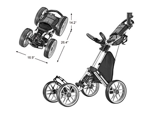 CaddyTek Caddycruiser One Version 8 - One-Click Folding 4 Wheel Golf Push Cart, Silver