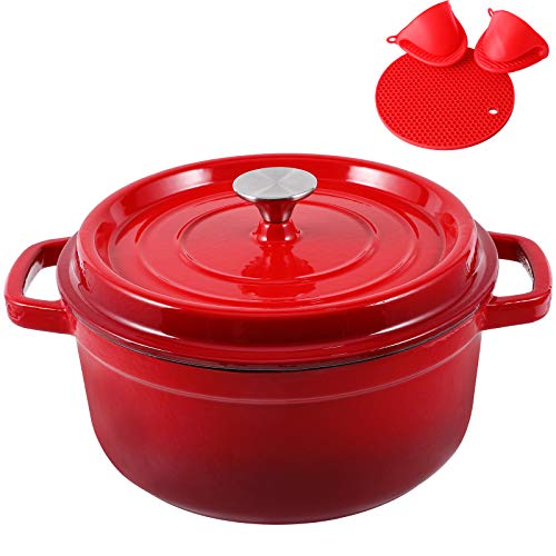 Enameled Cast Iron Dutch Oven Pre-seasoned Pot with Lid & Handles, 4 Quart Enamel Coated Cookware Pot with Silicone Handles and Mat for Cooking, Basting, or Baking