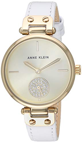 Anne Klein Women's AK/3380CHWT Swarovski Crystal Accented Gold-Tone and White Leather Strap Watch