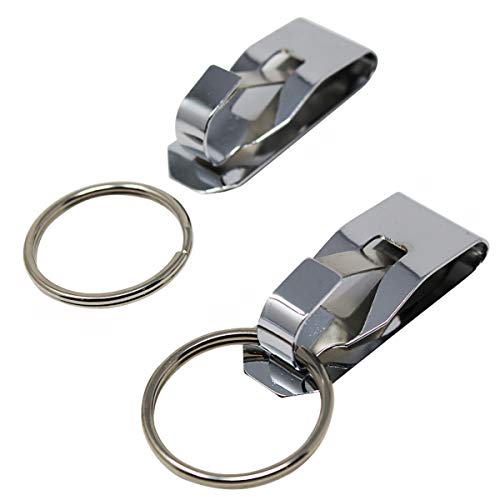 2 Pack - Secure Belt Clip Key Holder with Metal Hook & Heavy Duty 1 1/4 Inch Keychain Ring - Metal Key Chain Keeper for ID Badge & Keys or Small Tools - Clips to Your 1.25