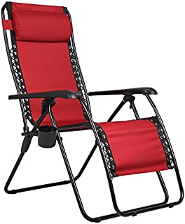 PORTAL Zero Gravity Recliner Lounge Chair, Folding Patio Lawn Pool Chair with Headrest Cup Holder, Support 300lbs, Red