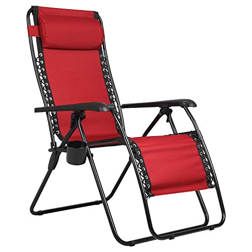 PORTAL Zero Gravity Recliner Lounge Chair, Folding Patio Lawn Pool Chair with Headrest Cup Holder, Support 300lbs, Red