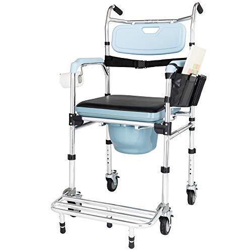 OMECAL Folding Commode Chair for Toilet w/Wheels & Pedal, 350 LBS Weight Capacity, 4 in 1 Multifunctional Portable Heavy Duty Bidet Shower Bath Chair for Elder Disabled People Pregnant Women