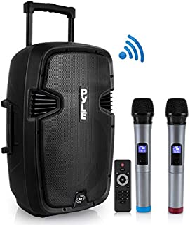 Karaoke Portable PA Speaker System - 1600W Active Powered Bluetooth Compatible Speaker, Rechargeable Battery, Easy Carry Wheels, USB MP3 RCA, FM Radio, 2 UHF Microphone, Remote - Pyle PPHP1599WU