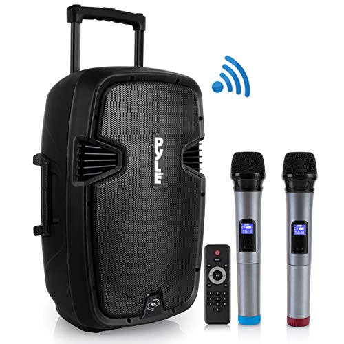 Karaoke Portable PA Speaker System - 1600W Active Powered Bluetooth Compatible Speaker, Rechargeable Battery, Easy Carry Wheels, USB MP3 RCA, FM Radio, 2 UHF Microphone, Remote - Pyle PPHP1599WU