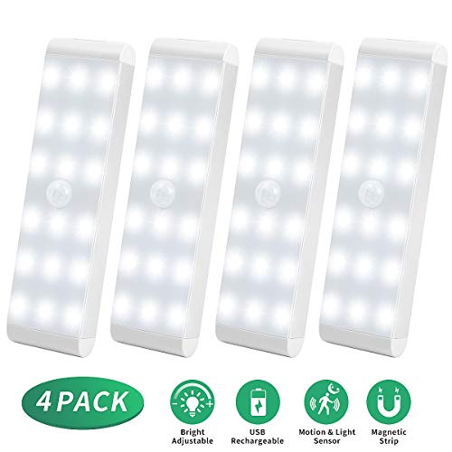 LED Closet Light,18-LED Dimmer USB Rechargeable Motion Sensor Closet Light Under Cabinet Wireless Stick-Anywhere Night Light Bar with 600mAh Battery for Stairs,Wardrobe,Kitchen,Hallway (4 Packs)