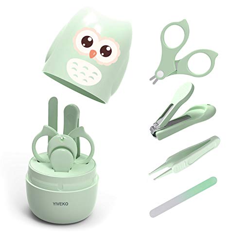 YIVEKO Baby Nail Kit, 4-in-1 Baby Nail Care Set with Cute Case, Baby Nail Clipper, Scissor, Nail File & Tweezer, Baby Manicure Kit and Pedicure kit for Newborn, Infant, Toddler, Kids-Owl Green