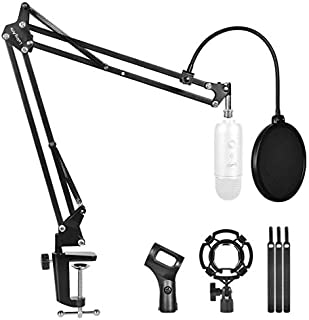 Professional Adjustable Desktop Microphone Stand Suspension Boom Scissor Arm Stand Desktop Mic Stand with Mic Pop Filter for Blue Yeti Snowball,Radio Broadcasting and Recording