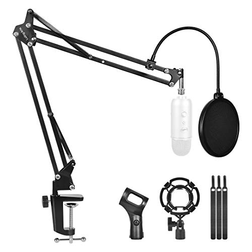 Professional Adjustable Desktop Microphone Stand Suspension Boom Scissor Arm Stand Desktop Mic Stand with Mic Pop Filter for Blue Yeti Snowball,Radio Broadcasting and Recording