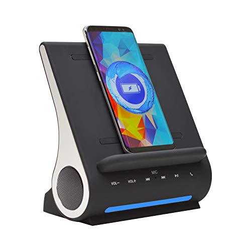 Azpen Dockall D108 Wireless Charging Dock w/Bluetooth Speakers. Qi-Certified Wireless for 7.5W Charging with iPhone Xs Max/XR/XS/S/ 8/ 8Plus/ 10W for Galaxy S10/ S9/ S9+/ S8/ Note 9 - Black