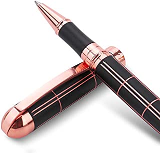 Rose Gold Gel Ink Rollerball Pen With Black Ink Medium Point - Geometric Stripe Style,Copper Grip Metal Pens in Adorable Box with 2 Pen Refills (Rose)