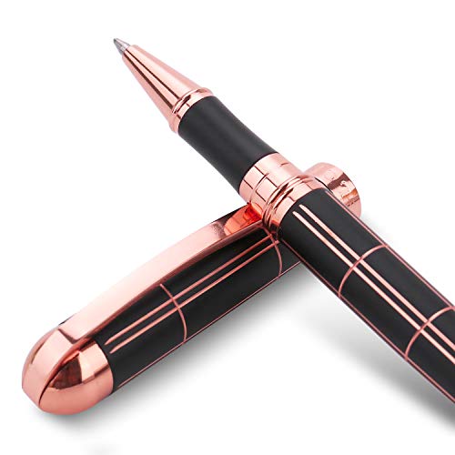 Rose Gold Gel Ink Rollerball Pen With Black Ink Medium Point - Geometric Stripe Style,Copper Grip Metal Pens in Adorable Box with 2 Pen Refills (Rose)