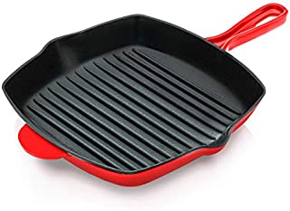 NutriChef Nonstick Cast Iron Grill Pan - 11-Inch Kitchen Square Cast Iron Skillet Grilling Pan, Enameled Cast Iron Skillet Steak Pan w/ Side Drip Spout For Electric Stovetop, Induction, Gas - NCCIES47