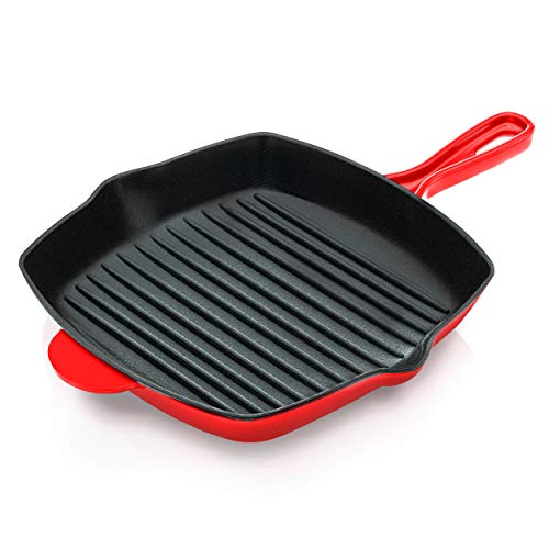 NutriChef Nonstick Cast Iron Grill Pan - 11-Inch Kitchen Square Cast Iron Skillet Grilling Pan, Enameled Cast Iron Skillet Steak Pan w/ Side Drip Spout For Electric Stovetop, Induction, Gas - NCCIES47