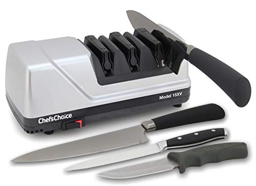 ChefsChoice 15 Trizor XV EdgeSelect Professional Electric Knife Sharpener for Straight and Serrated Knives Diamond Abrasives Patented Sharpening System Made in USA, 3-Stage, Gray