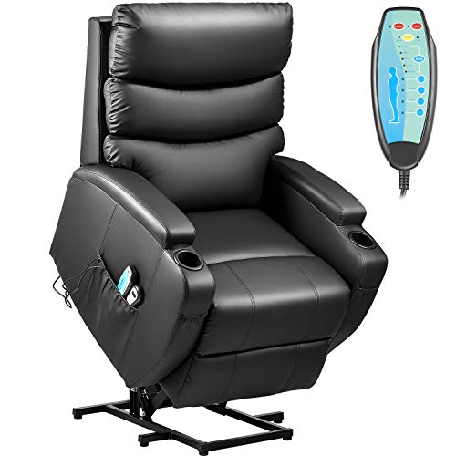 Kealive Lift Chair for Elderly Power Lift Recliner Chair with Massage and Heat Comfortable PU Leather Chair Sofa, Electric Recliner with Remote Control, Side Pocket and Cup Holders, Black