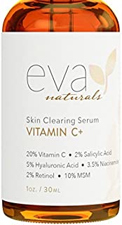 Eva Naturals Vitamin C Serum Plus 2% Retinol, 3.5% Niacinamide, 5% Hyaluronic Acid, 2% Salicylic Acid, 10% MSM, 20% Vitamin C - Skin Clearing Serum - Anti-Aging Skin Repair, Face Serum (1 oz)