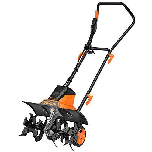 TACKLIFE Electric Tiller, 13.5 Amp Tiller, 2 Tilling Width (18/12.5 Inch), Adjustable Blade, 8'' Working Depth, Low Noise, Folding Storage, Manganese Steel Tine