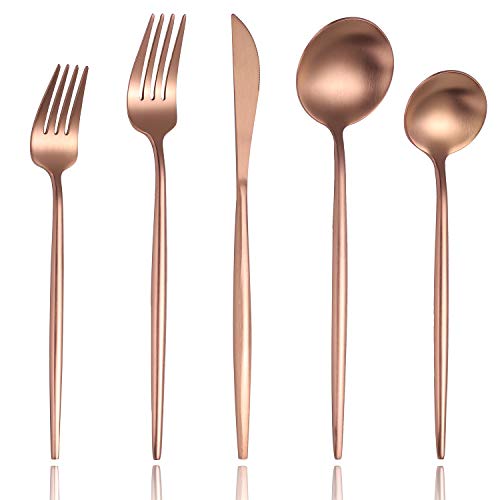 Lemeya Matte Modern Silverware Set,18/10 Stainless Steel Flatware Set,20-Piece Cutlery Set Service for 4,Tableware Utensil Set for Home and Restaurant, Satin Finish, Dishwasher Safe (Rose gold)