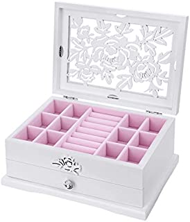 SONGMICS Girls Jewelry Box Wooden Flower Carving Organizer Storage Case 2 Tier with Drawer DIY, White and Pink UJOW201