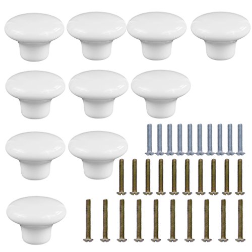 HanLingGG 10 Pack Ceramic Round Style Cabinet Knobs Cute Cupboard Door Knobs Drawer Dresser Pull Handles with 3 Kinds of Screws (White)