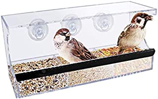 SunGrow Acrylic Glass Bird Feeder Set, Spill-Proof, Crystal Clear - Easy to Install with 3 Hooks, Economical, Perch Provides Enjoyable Eating time to Finch, Parakeet, Sparrows, Cage Sizes