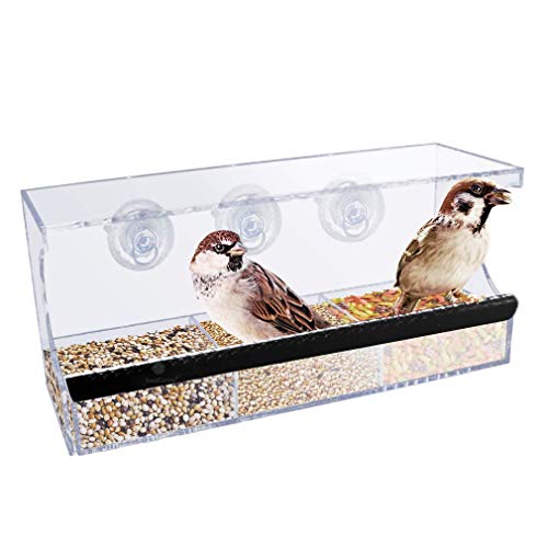 SunGrow Acrylic Glass Bird Feeder Set, Spill-Proof, Crystal Clear - Easy to Install with 3 Hooks, Economical, Perch Provides Enjoyable Eating time to Finch, Parakeet, Sparrows, Cage Sizes