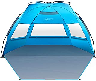 OutdoorMaster Pop Up 3-4 Person Beach Tent X-Large - Easy Setup, Portable Beach Shade Canopy Folding Sun Shelter with UPF 50+ UV Protection Removable Skylight Family Size - Blue