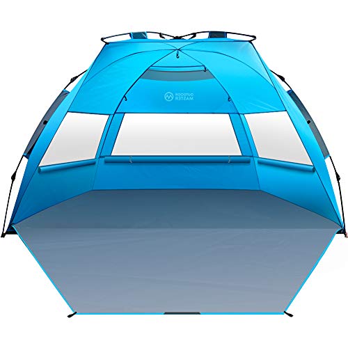 OutdoorMaster Pop Up 3-4 Person Beach Tent X-Large - Easy Setup, Portable Beach Shade Canopy Folding Sun Shelter with UPF 50+ UV Protection Removable Skylight Family Size - Blue