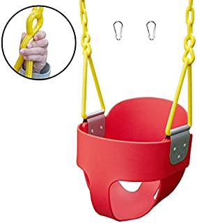 Squirrel Products High Back Full Bucket Toddler Swing with Exclusive Chain & Triangle Dip Pinch Protection and Carabiners for Easy Install - Red