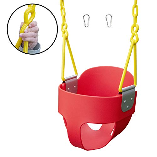 Squirrel Products High Back Full Bucket Toddler Swing with Exclusive Chain & Triangle Dip Pinch Protection and Carabiners for Easy Install - Red