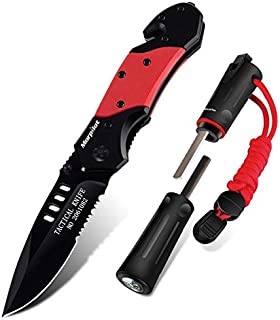 Pocket Knife & Fire Starter Set, 5 in 1 Stainless Steel Tactical Folding Knife | Magnesium Fire Starter with Magnetic Compass & Emergency Whistle for Camping, Outdoor Survival, Hiking (#1)