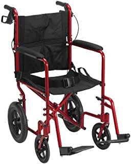 Drive Medical Lightweight Expedition Transport Wheelchair with Hand Brakes, Red