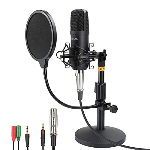 Professional Studio Condenser Microphone Computer PC Microphone Kit with 3.5mm XLR/Pop Filter/Scissor Arm Stand/Shock Mount for Professional Studio Recording Podcasting Broadcasting, Black