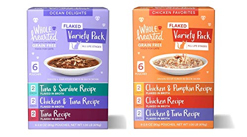 WholeHearted Grain Free Flaked Wet Cat Food Variety Pack for All Life Stages. (Chicken & Ocean, 12-2.8 Oz Pouches)