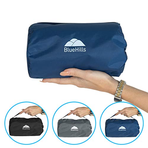 BlueHills Ultra Compact Travel Blanket Pillow in Portable Bag Case with Hand Luggage Belt & Backpack Clip Premium Cozy Soft Compact Pack Large Blanket for Airplane Flight Layover - Navy Blue C001