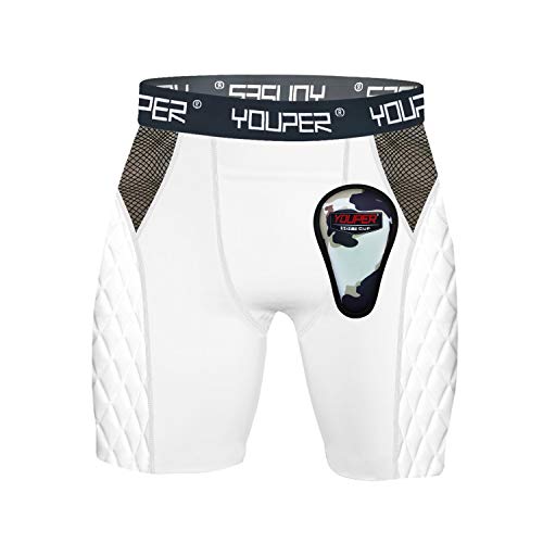 Youper Boys Youth Elite Compression Sliding Shorts - Padded Slider Shorts with Soft Protective Athletic Cup for Baseball, Softball, Lacrosse, MMA (White, Youth - Medium)