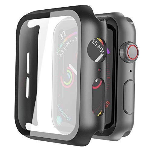 Misxi Hard PC Case with Tempered Glass Screen Protector Compatible with Apple Watch Series 6 SE Series 5 Series 4 44mm - Black