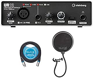 Steinberg UR12 USB Audio Interface with 48V Phantom Power for Windows, Mac, iPad Bundle with Blucoil 10-FT Balanced XLR Cable, and Pop Filter Windscreen