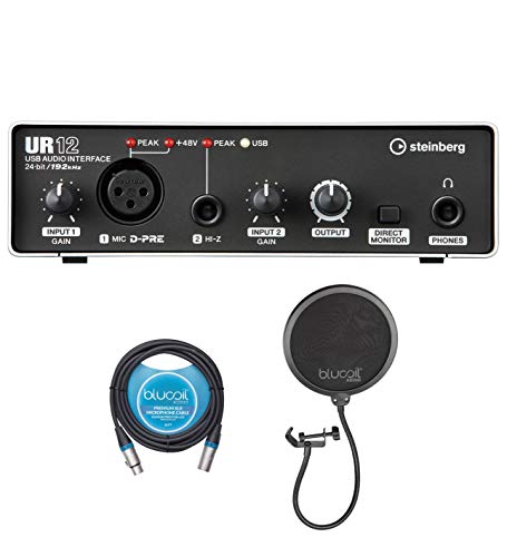 Steinberg UR12 USB Audio Interface with 48V Phantom Power for Windows, Mac, iPad Bundle with Blucoil 10-FT Balanced XLR Cable, and Pop Filter Windscreen