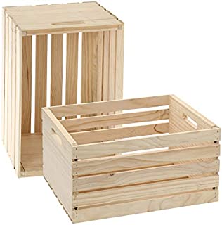 Decorative Large Unfinished Wooden Crate - Natural Pine Wood Box For Storage Basket, Rustic/Farmhouse Decor, Crafts, Shelves and DIY. Sturdy, Smooth, Easy to Paint or Stain - Set of 2